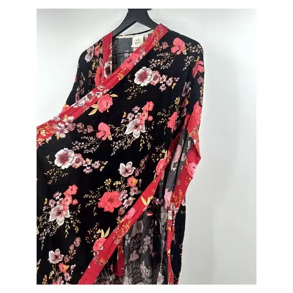Knox Rose Boho Black and Red Floral Tassel Kimono Size Medium Large - Picture 2 of 9